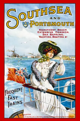 CLASSIC SOUTHSEA PORTSMOUTH TRAVEL POSTER Woman On Ship Yachting 20x30 • $10.49