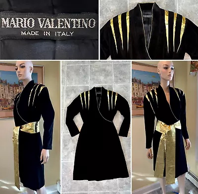 Vtg MARIO VALENTINO Black Suede Metallic Gold Leather Belted Wrap Dress Sz Small • $199.99