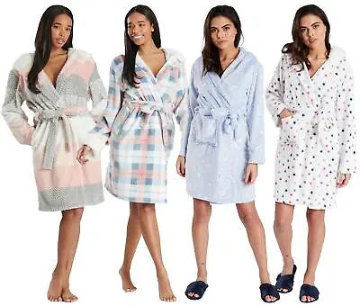 Fleece Hooded Dressing Gown Ladies Soft Warm Winter Wrap Robe Nightwear • £14.99