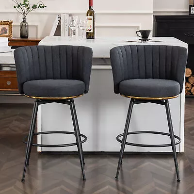 25.2 Inch Height Set Of 2 Upholstered Swivel Bar Stools W/ Back Metal Legs Gray • $221.99