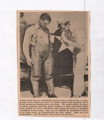 1940's World War 2 Newspaper Clipping  Pilot Wears New Pneumatic Pants G-Suit  • $16.99