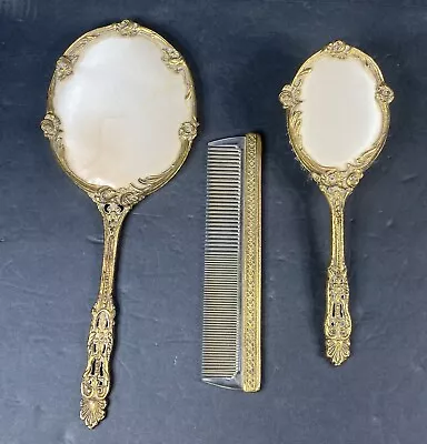 Ornate Brass Vintage Vanity Hand Held Mirror Brush & Comb Set  • $69.99