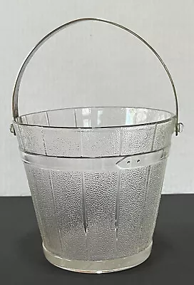 Vintage Glass Ice Bucket With Metal Bail Handle Oak Barrel Pattern • $12