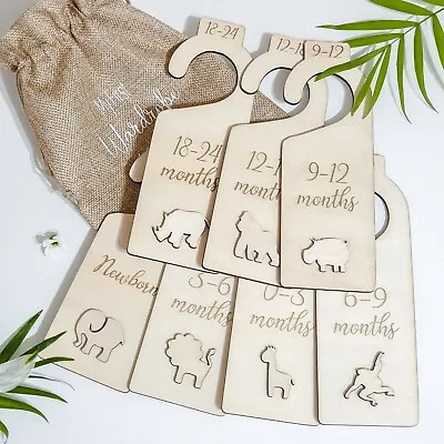 Wooden Baby Closet Wardrobe Dividers Newborn To 24 Months X7 Set With Gift Bag • £23.99