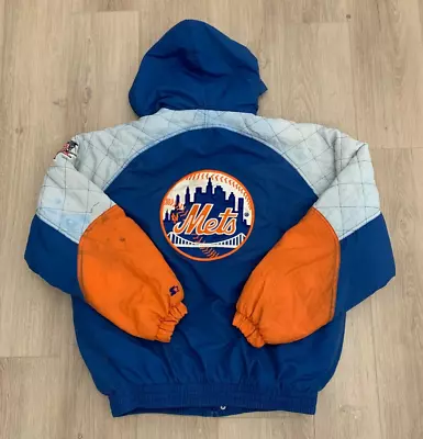 Vintage 90s Starter NY Mets Puffer Jacket Sz L MLB Embroidered Bomber Baseball • $69.95