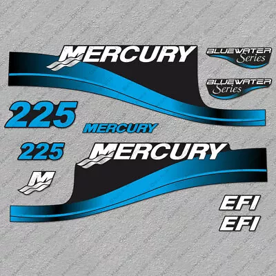 Mercury 225hp EFI BlueWater Series Outboard Engine Decals BLUE Sticker Set • $51.29