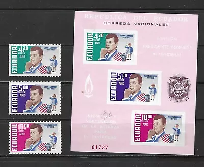 Ecuador  1964  Kennedy   S/s Imp & Set Of 3 Stamps Perf  Mnh  Cv$15.85 • $7.55