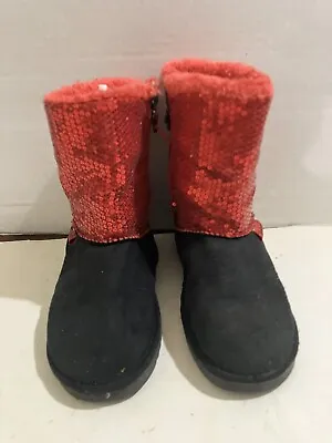 Disney Minnie Mouse  Kids Size 11 Faux Suede Red Sequins Fur Lined  Boots • $9.71