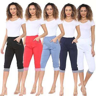 Womens Cherry Berry 3/4 Three Quarter Ladies Bengaline Cropped Pants Bottoms • £12.99