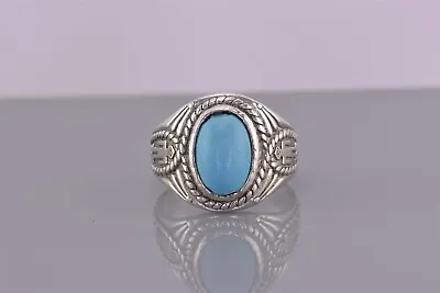 Native American Sterling Silver Blue Oval Turquoise Carved Band Ring 925 Sz: 10 • $54.50