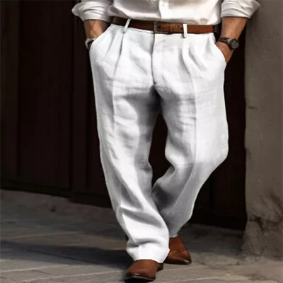 Men's Linen Trousers Double Pleated Straight Business Casual Daily Holiday Pants • $19.40