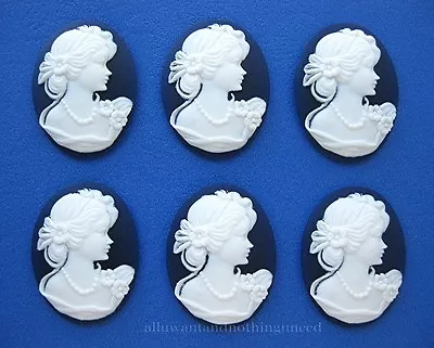 6 WHITE On NAVY BLUE LADY GODDESS & PANSY 25mm X 18mm Costume Jewelry CAMEOS  • $3.09