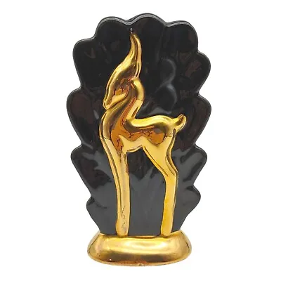 Stylized Gazelle Deer Vase Planter 7  Black Gold Vtg 1950s Mid Century Art Deco • $28.92