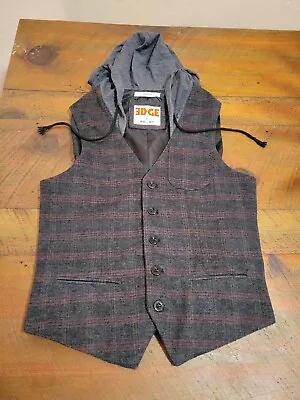 Wool Blend Vest Hoodie By Edge WD NY Plaid Grey With Red Size Small Mens • $22