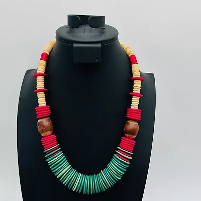 Vintage African Style Colorful Natural Wooden Disk Necklace 22  • $24.95