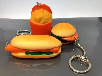 3 Vintage MAGNETIC Keyring HAMBURGER FRIES HOTDOG Keychain TRIO Porte-Clés FOOD • $29.14