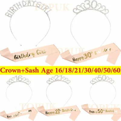 Happy Birthday Silver Tiara With Rose Gold Sash 16/18/21/30/50/60th Girls Crown • £4.79