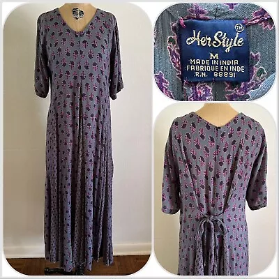 1990s Indian Block Print Rayon Gauze Tie Back Dress Grunge Beach Lounge 80s VTG • $45