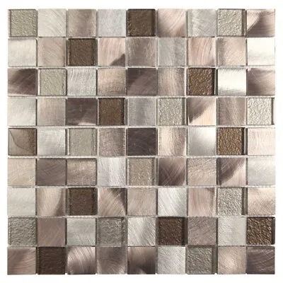 Metal & Glass Tile Nori Squares Pattern Kitchen Shower Wall Backsplash Brown • $17.95