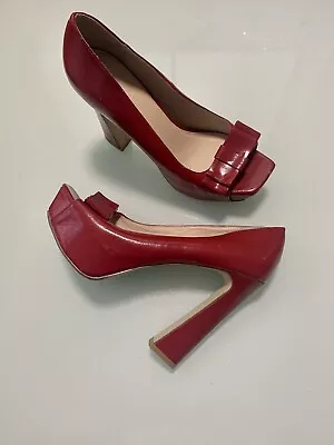 Love Label Red Patent Gloss Faux Leather Chunky Open Pin Up Heels Shoes UK 6 39 • £19.95