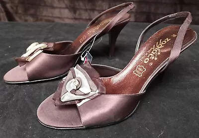Zodiaco Open Toe Satin Brown High Heels Shoes Size 5 EUR 38 Italian Y2K BNWT NEW • £10