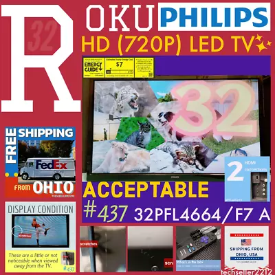 Philips 32  Class HD (720P) Smart Roku LED TV  /  32PFL4664/F7 A  With Remote • $82.22