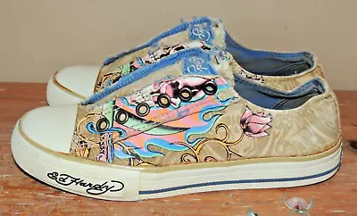 L@@K! DON-ED HARDY BIG GIRLS SLIP ON SNEAKERS SHOES FLORAL TATTOO PRINT Size 5 • $22