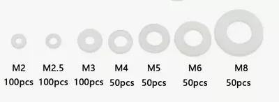 M2 M2.5 M3 M4 M5 M6 M8 White Nylon Washers Flat Plastic Gaskets • £0.99