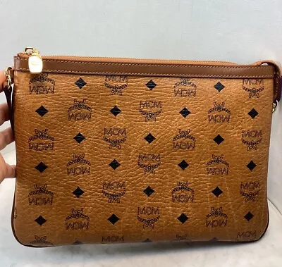 Genuine MCM Brown Coated Canvas Clutch Pouch Bag • $195