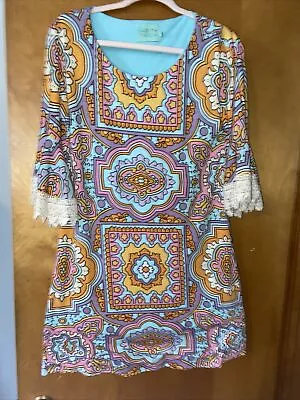 Vtg 70s Style GEOMETRIC Mod Mini Babydoll Pop Art Dress MEDIUM Flared Sleeves • $16.99