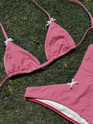 Plaid Gingham Coquette Bikini Bow Red White Picnic Lolita Kawaii Vintage • $21.98