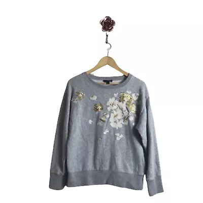J Crew Small 100% Cotton Gray Gold Metallic Floral Embroidered Sweatshirt Women • $18.70