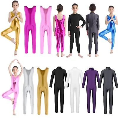 Girls Long Sleeve Ballet Dance Gymnastics Catsuit Kids Shiny Bodysuits Dancewear • £9.99