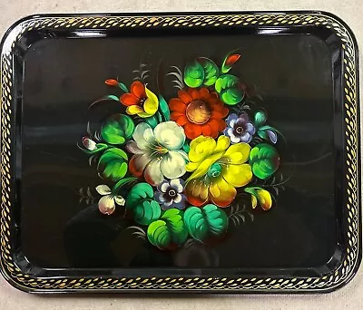 Vintage Russian Hand Painted Metal Serving Tray 18 ×14  Floral Design • $35