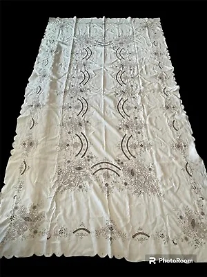 Vintage Madeira Linen Tablecloth Embroidered Broderie Anglaise 66x112 • $159.99