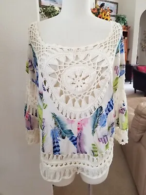 YAHADA Multi Color Delicate Loose Crochet Knit Sleeveless Shirt Top M/L Feathers • $7.99