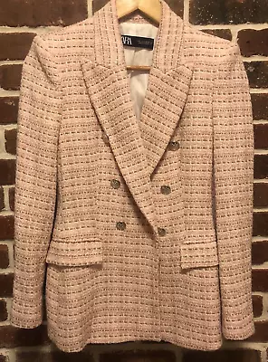 Zara Women's Pink Tweed Blazer Size SMALL: Preppy Style Pockets • $90