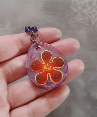 Vintage Unworn Old Stock Artisan Glass Pendant Sterling Silver Purple Red Flower • $24.99