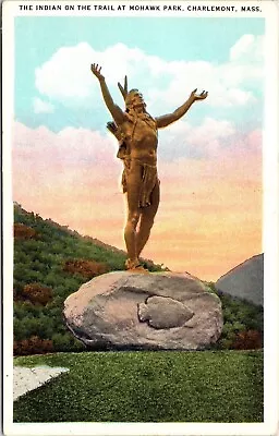 Indian On Trail Statue Mohawk Trail Charlemont Massachusetts WB Postcard • $2.75