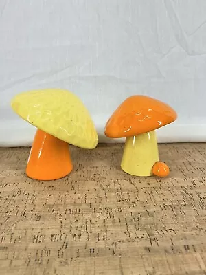 Vintage Art Pottery Glazed Toadstools Mushrooms Set Of 2 Yellow Orange 70’s • $25