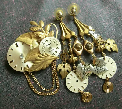 Vintage Steampunk Brooch Pin + Earrings Watch Parts Rhinestones Faux Pearls • $44.21