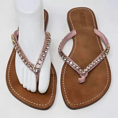 Mystique Brown Leather Pink Gold Jeweled Sandals Womens Size 9 • $40