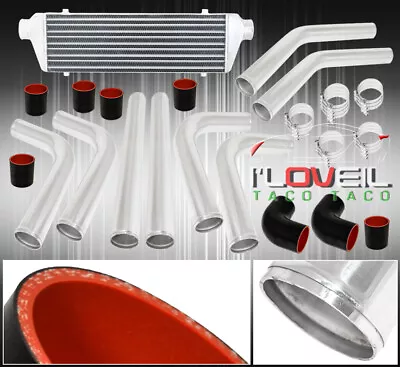 8Pcs 2.5  Black/Red Coupler Polish Aluminum Piping Kit With 28  X 7  Intercooler • $169.99