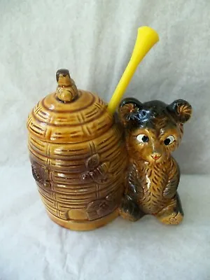 Vtg Bear And Beehive Honey Jar Pot & Dipper & Lid!  CERAMIC!  JAPAN!  BEES!  • $19.98