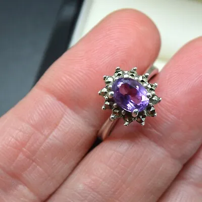 Vintage Sterling Silver 925 Ring AMETHYST & MARCASITE SIZE M Gift For Her • $37.29