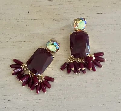 J Crew Crystal Fan Beaded Acetate Statement Tassel Earrings Iridescent Burgundy • $43.99