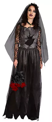 Adult Ladies Black Graveyard Bride Corpse Halloween Fancy Dress Zombie Costume • £36.99