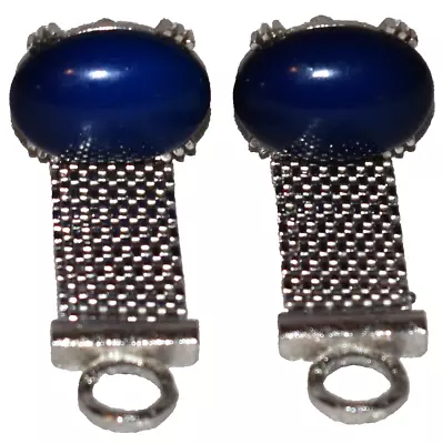 Vintage Dante Silvertone Mesh Wrap Dark Blue Cabochon Pair Of Cufflinks • $15