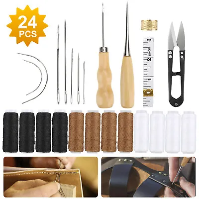 24pcs Leather Thread Stitching Needles Awl Hand Tools Kit For DIY Sewing Craft • $10.98