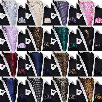 Men's Cravat Ascot Tie Silk Checks Paisley Floral Hanky Cufflinks Set Wedding • $7.99